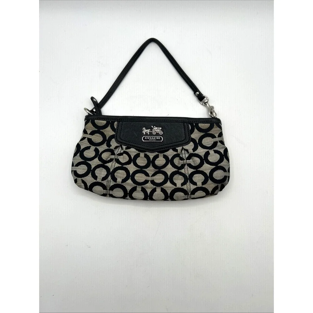Coach Madison OP Art Wristlet Women Small Grey Signature Jacquard Zip Clutch